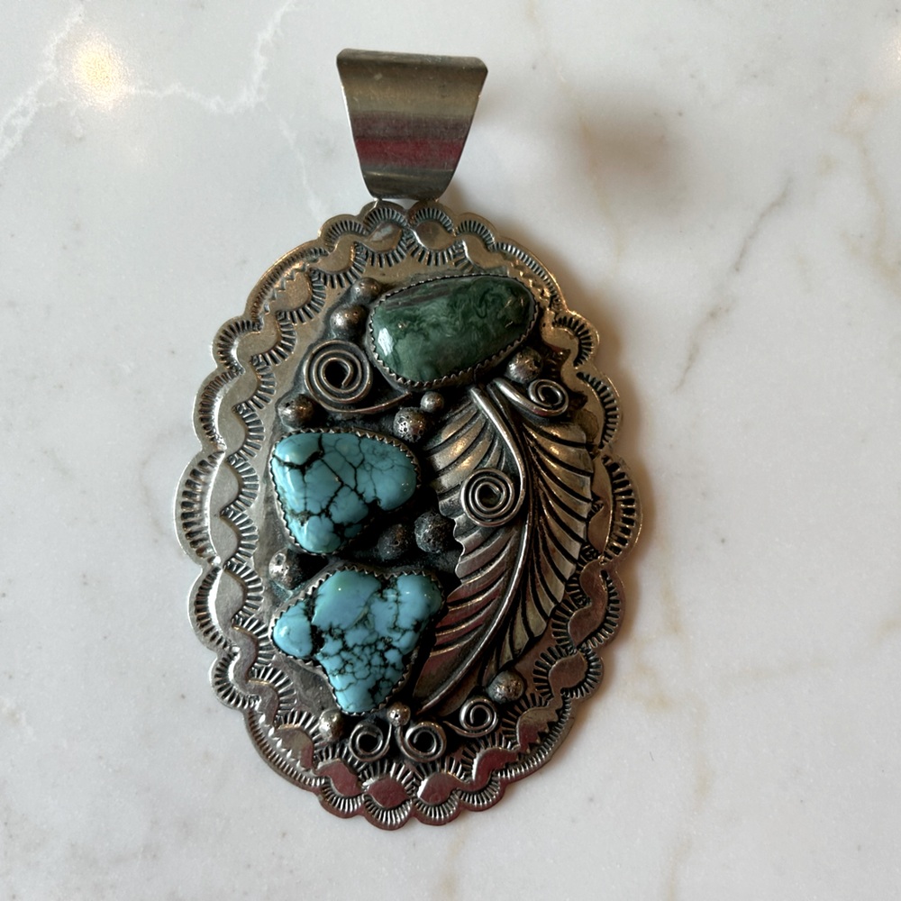 LARGE Silver Three Stone Signed Navajo Pendant. STUNNING